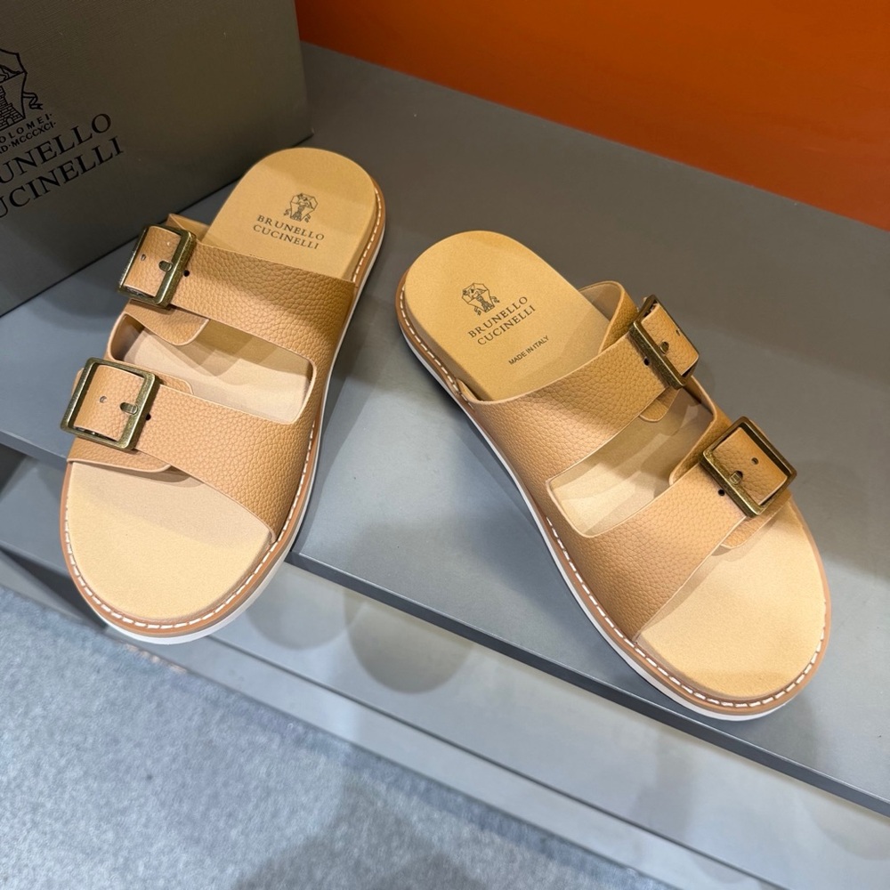 Brunello Cucinelli Beige-Tan Double Buckle Leather Slides - Picture 4 of 9